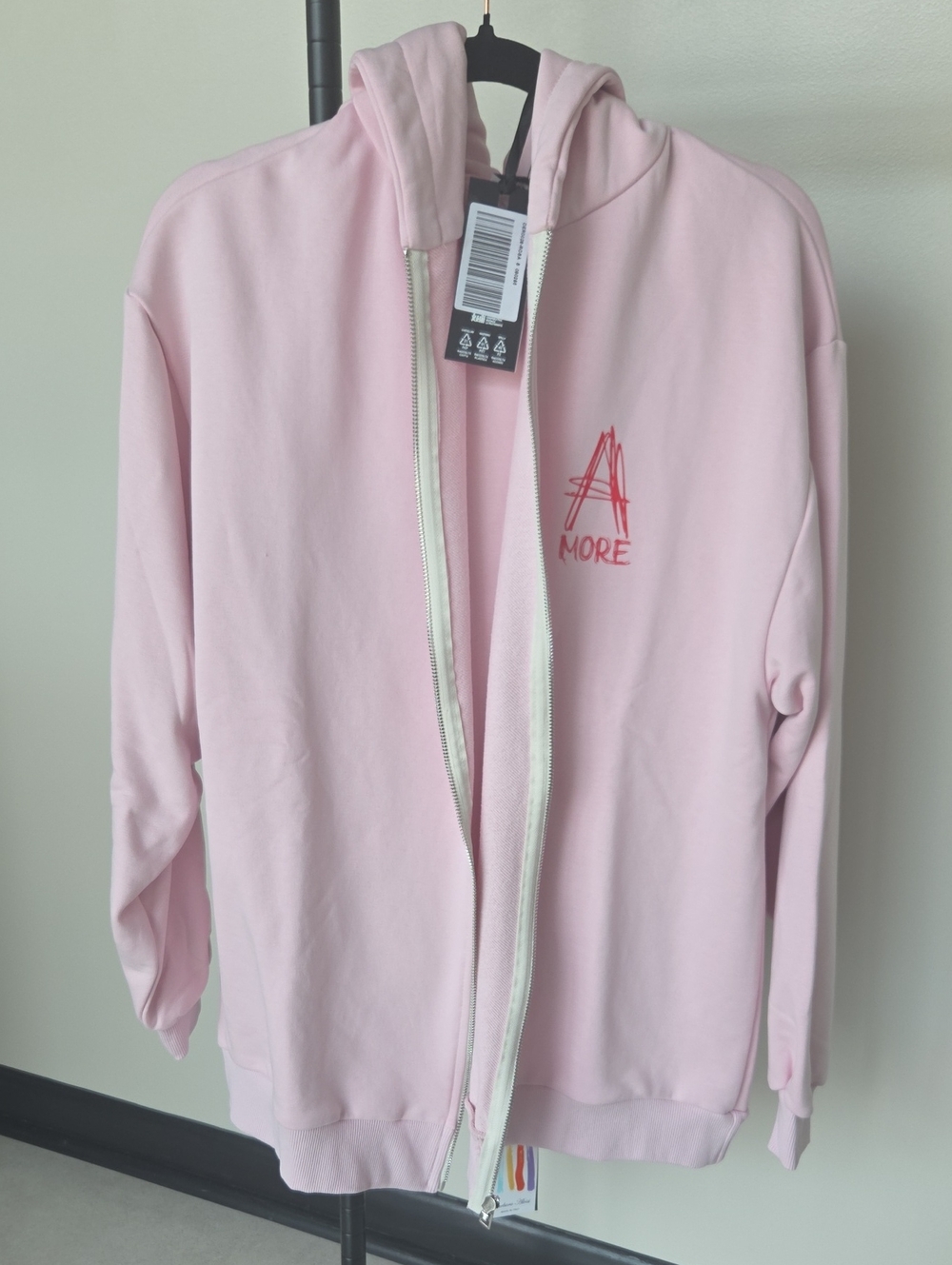 Pink Hooded Zip-Up Jacket with 'A MORE' Embroidered Detail